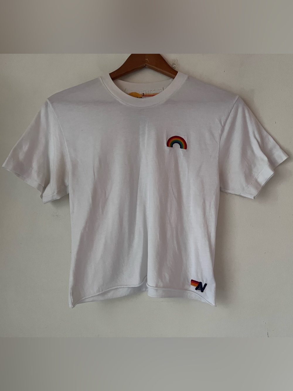 Aviator Nation Women's Sz S Shirt Tee White Rainbow Embroidered California USA